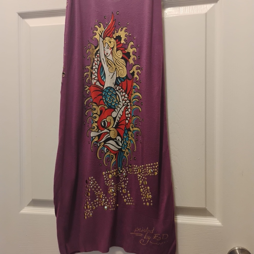 Ed Hardy Purple Mini Dress Art Deco Mermaid Printed Dress Shirt Size XS - Picture 2 of 5